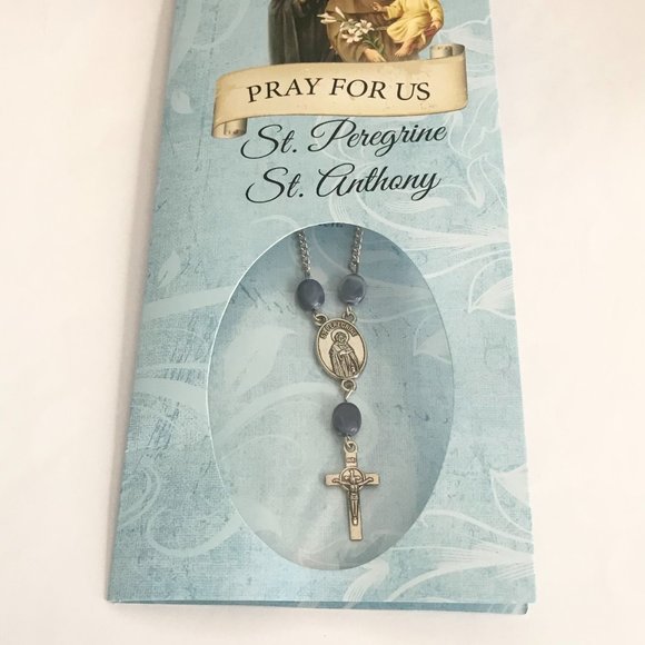 Vintage St Saint Anthony Peregrine Cross Necklace Medal Catholic 21" Blue Beads - Picture 4 of 11